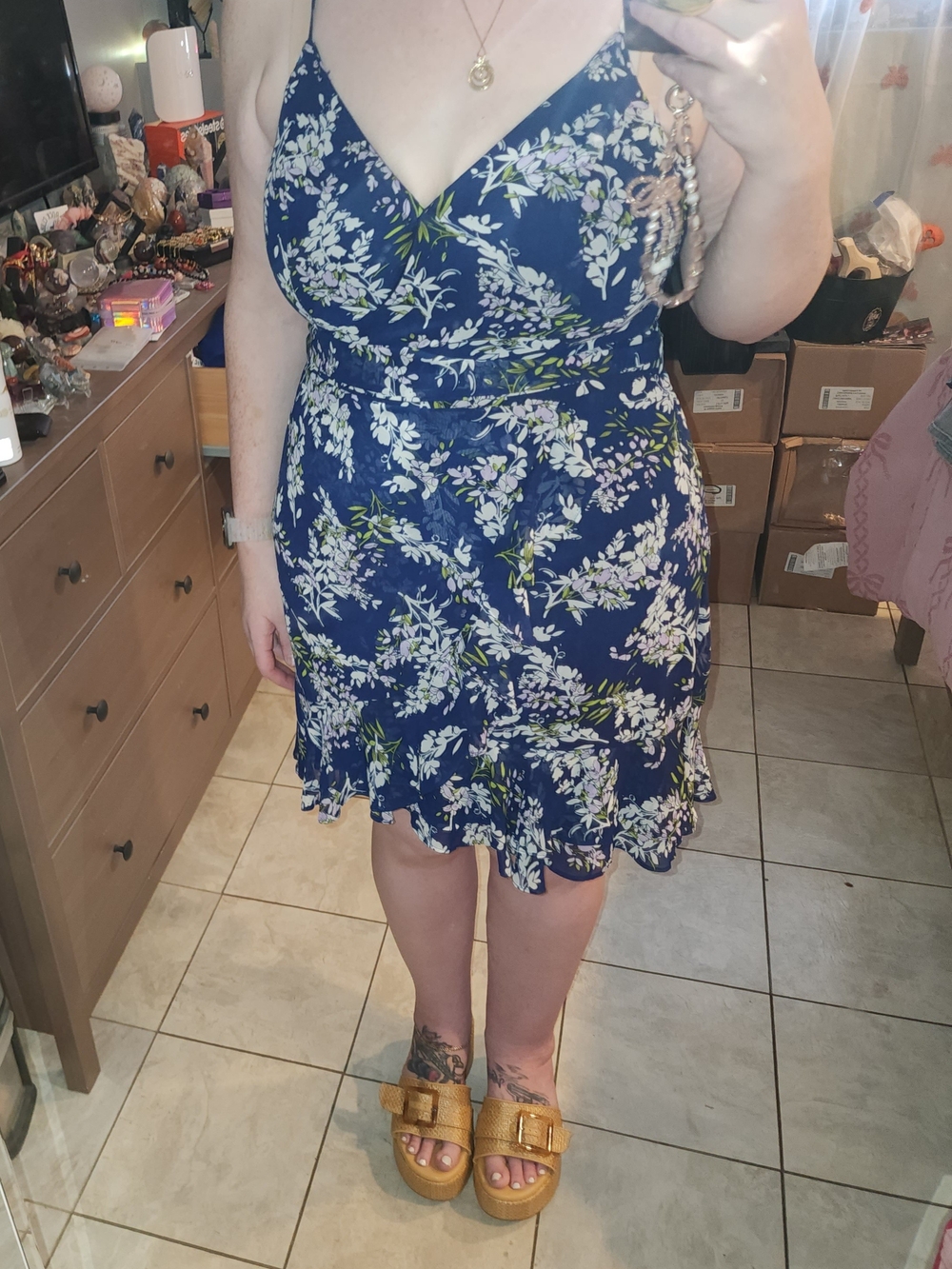NWOT XL Floral Navy Blue V-Neck Homecoming Dress (Formal Or Semi-formal Dress)